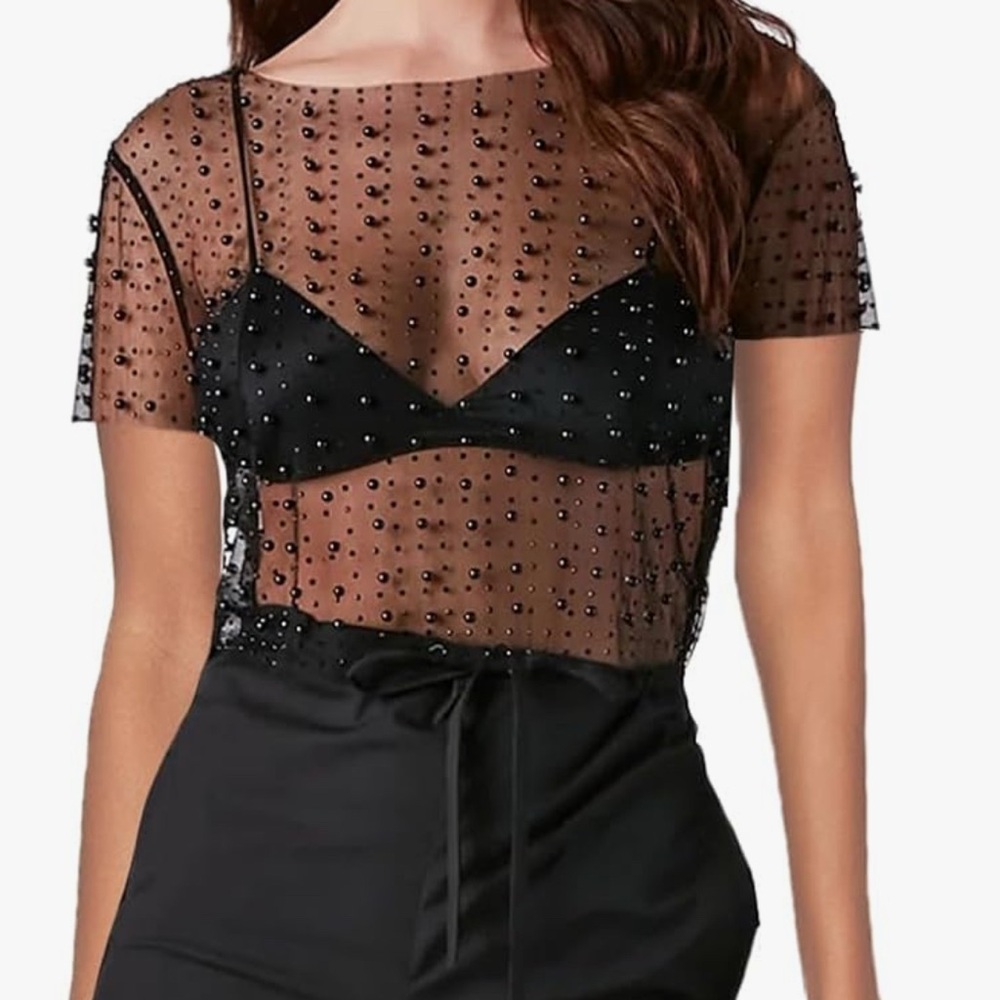 Women Pearl Rhinestone Sheer Mesh Crop Tee Top Sexy See - Picture 2 of 2